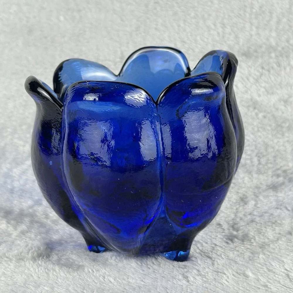 Vintage Footed Colbalt Blue Spanish ? Glass Bowl Heavy Candle Holder